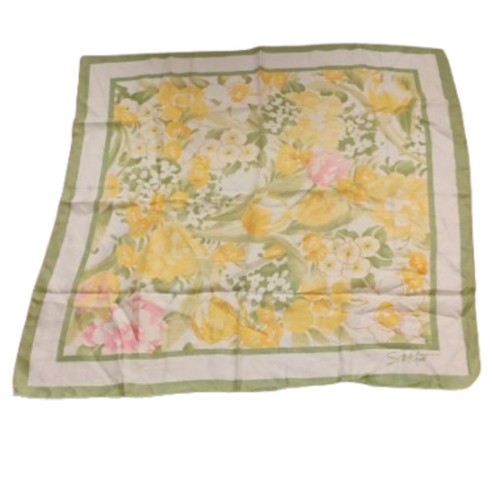 Vintage 1960s 1970s Avon S.M. Kent Floral Green Yellow Scarf One Size